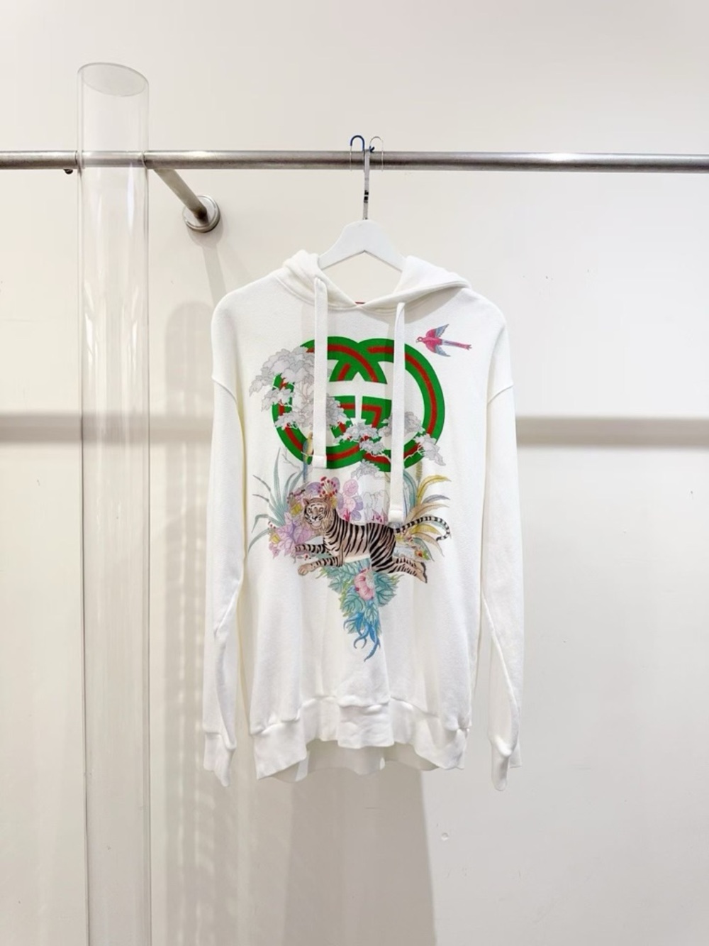 🚩steal Gucci White Hoodie with Green and Red Logo and Floral Tiger Print